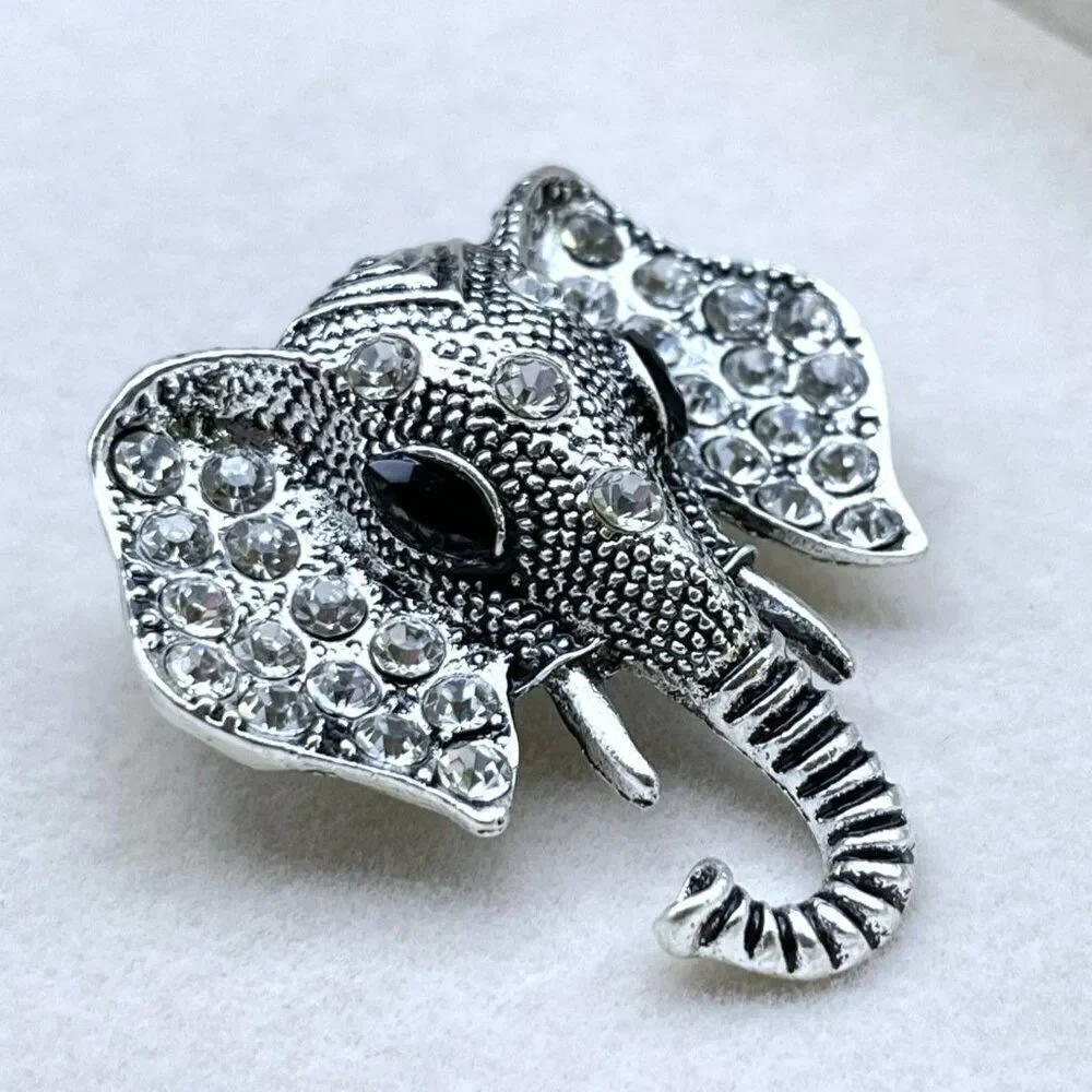 Silver with White Diamond and Black Onyx Crystal Elephant Pin Back Brooch